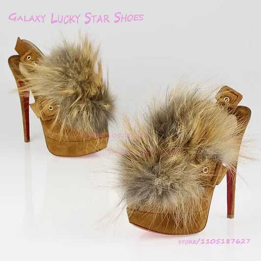 Brown Plush Long Pom Pom Open Platform Sandals Girls Red Rubber Sole Black Tassel Feather Buckle Stiletto Heel Fashion Shoes