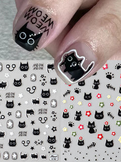 Cute Black Cat Nail Stickers Decals 5D Embossed Kawaii Cat Flowers Star Nail Art Decoration Cute Cartoon Sliders Summer Manicure