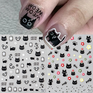 Cute Black Cat Nail Stickers Decals 5D Embossed Kawaii Cat Flowers Star Nail Art Decoration Cute Cartoon Sliders Summer Manicure