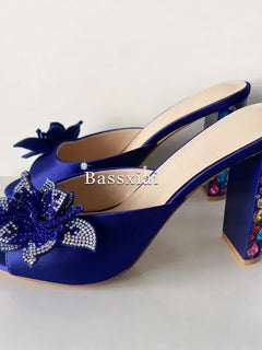 Sandali con tacco alto da donna estivi in seta blu con strass colorati e decorazioni a nodo a farfalla in cristallo per ragazze