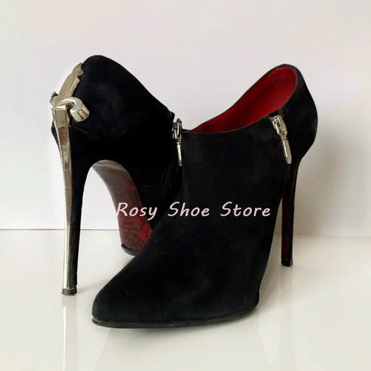 Vintage Black Suede Novel Silver Gold Metal Scepter Shape Heel Fashion Pumps Sexy Lady Pointed Toe Ankle Side Zipper High Heels
