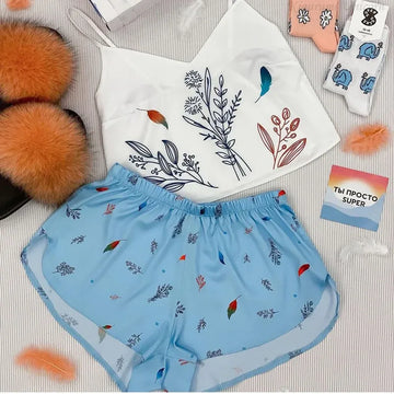 Nuovo pigiama di seta in raso per le donne Set di indumenti da notte con stampa floreale Sexy scollo a V senza maniche Top da notte Pigiama Abbigliamento per la casa Pigiama