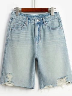 Blue Denim Shorts For Women High-Waisted Loose-Fit Slimming Casual Straight-Leg Mid-Length Summer New Arrival 2024