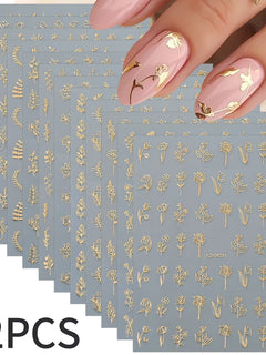 12pcs/set 3D Shiny Leaf Flower Nail Art Sticker Laer Gold Bronzing Leaves Nail Decals 8*10cm Self-Adhesive Nail Art Supplies e5#