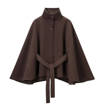 5 Colors New Autumn High Collar Woolen Cape Coat Tie Bow Sashes Long Bat Sleeve Front Buttons Cloak Shawl Jacket Loose Outerwear