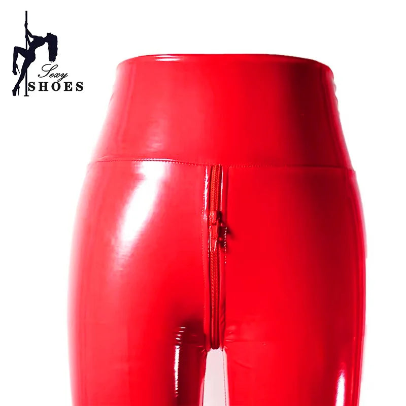 2024 Black Bright PU Leather Personalized Double Zipper Open Crotch Pants High Waisted Leggings Nightclub Stage Women's Pants