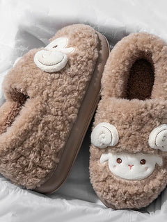 Cute Cartoon Lamb Cotton Slippers Women Indoor Warm Thicken Plush Home Slippers Woman Comfortable Non Slip Fluffy Slides Female