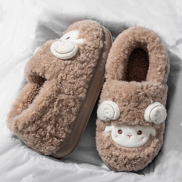 Cute Cartoon Lamb Cotton Slippers Women Indoor Warm Thicken Plush Home Slippers Woman Comfortable Non Slip Fluffy Slides Female