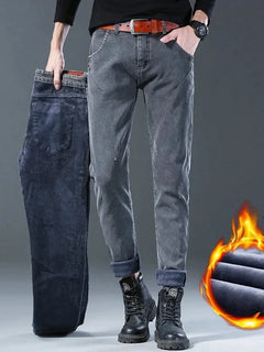 Winter Hot Sale of The Season Trendy Stretchy Fleece Lined Thick Denim Mid Waist Fashionable Casual Warm Long Pants Men's Jeans