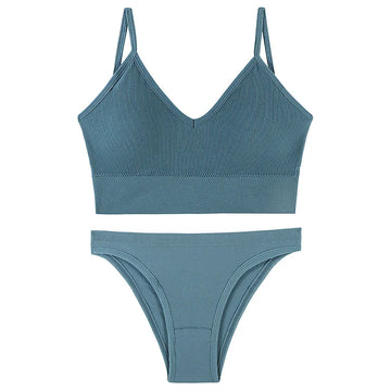 CINOON Women Seamless Ribbed Bra Set Wireless Deep V Bralette Top Panties Two Piece Lingerie Set Sport Fitness Underwear