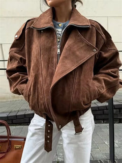 Women's Belt Short Suede Jackets Loose Lapel Long Sleeve Zipper Coats 2025 Spring Lady Vintage Female Outwear Street