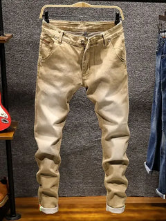 American Elastic Straight Jeans Men Ripped Worn-out Slim-fit Cotton Denim Pants Korean Style Fashion Trousers Men's Clothing