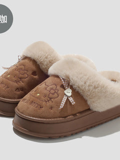 Women's Cute Cartoon Cat Plush Slippers Winter Warm Indoor Non-Slip Bow Embroidered Closed Toe Soft Fluffy House Shoes for Ladie