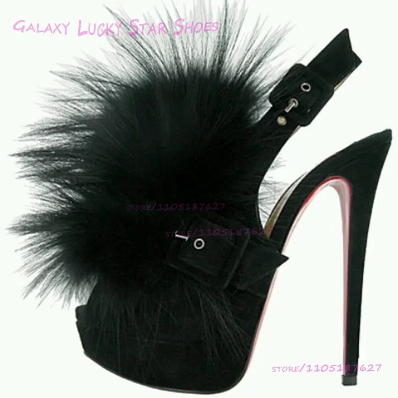 Brown Plush Long Pom Pom Open Platform Sandals Girls Red Rubber Sole Black Tassel Feather Buckle Stiletto Heel Fashion Shoes