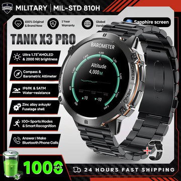 2026 New Military TANK X3 1000mAh Battery Smart Watch Men 10ATM Waterproof Swim GPS Path 1.75" AMOLED HD Call Sports Smartwatch