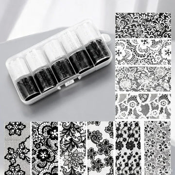 10 Rolls 2.5*50cm New Black White Lace Transfer Foil Nail Art Sexy Full Wraps Flower Glue Adhesive DIY Manicure Styling Tools 2028