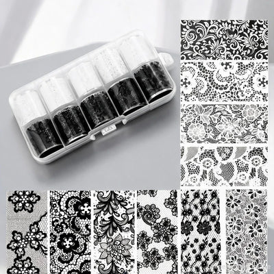 10 Rolls 2.5*50cm New Black White Lace Transfer Foil Nail Art Sexy Full Wraps Flower Glue Adhesive DIY Manicure Styling Tools 2028