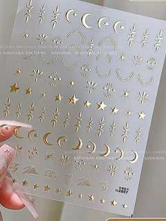 3D Bronzing Gold Moon Star Nail Art Stickers Retro Bohemia Sun Moon Star Nails Designs Self-Adhesive 3D Luxury Nail Decorations