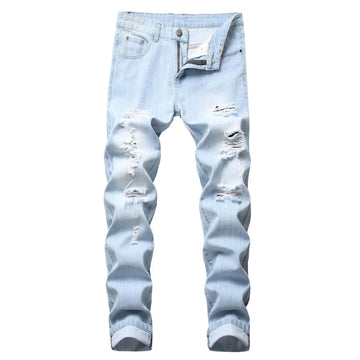 Casual Men's Light Blue Denim Jeans Ripped Straight Leg Slim Fit Non-Elastic Torn Casual Style Chinese Production PlatiNum