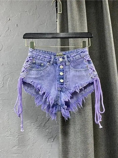 Nuovi Shorts Estivi da Donna 2026 Viola, Sexy a Vita Bassa, con Bottoni, in Denim a Trapezio con Bretelle, Hot Pants Femminili