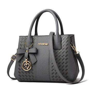 Bow Metal Pendant Top Handle Satchel Crossbody Bag, PU Leather Textured Bag Purse, Classic Versatile Fashion Shoulder Bag PlatiNum