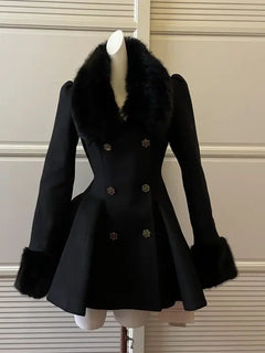 Winter Hepburn Black Fur Collar Woolen Coat French Style Vintage Blends Slim Mid-length Outwear Elegant Lolita Warm Outfits New