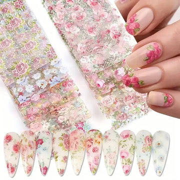 10PCS Mixed Nail Art Foils Transfer Sticker Set Rose Flower Designs Floral Starry Sky Nail Wraps Wedding Summer Manicure Decor 2028