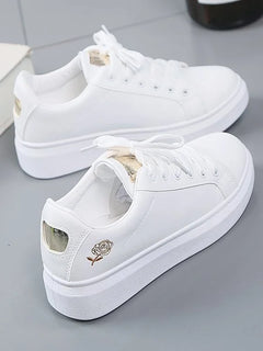 Women Leather Pu Casual Shoes New 2025 Woman Shoes Fashion Embroidered White Sneakers Breathable Flower Lace-Up Women Sneakers