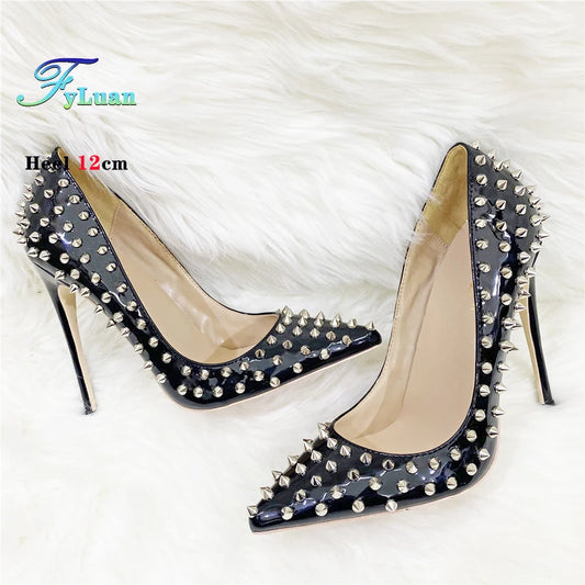 Super Thin Heel 8 10 12CM Sexy All Spikes Rivets Women Pumps Pointed Toe Super High Heels Party Nightclub Fashion Shoes Size 46