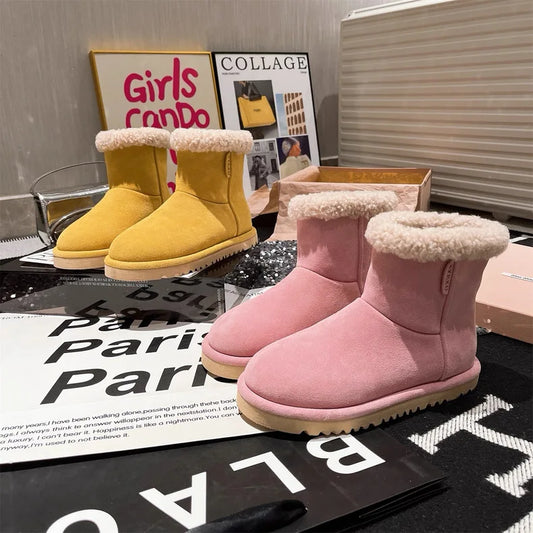Lambswool Lined Pastel Flat Ankle Boots Cozy Warm Snow Booties Winter Shoes Women Genuine Leather Trendy Color Fashion Casual