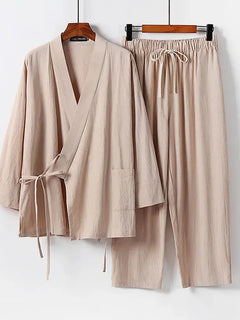 2025 Men's Summer Cotton Linen Two Pieces Chinese Style Lace Up Kimono Tops+Pants Casual Suit Male V