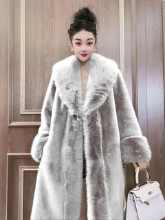 Faux Fur Coats Women Long Coat Thick Warm Turn Down Collar Open Stitch Spring Outerwear Jackets Elegant Splice Autumn Winter