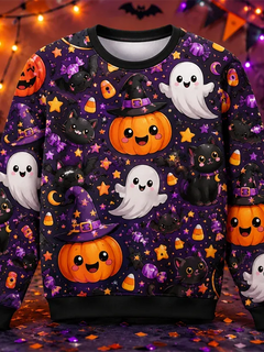Fashion Castle Ghost Cat Pumpkin Graphic Halloween Sweatshirts Trendy Holiday Wear Long Sleeve Sweater Loose Breathable Pullover