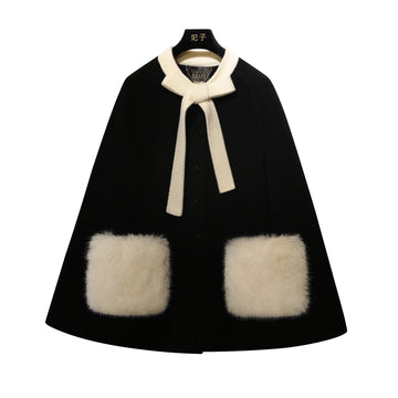 French Elegant Socialite Cape Jacket Plush Pocket Round Neck Bow Single-breasted Loose Versatile Woolen Cloak Coats Women Winter