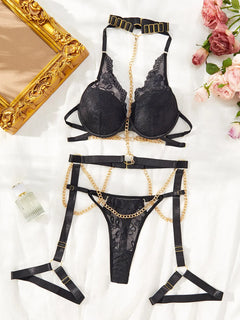 Erotic Lingerie Metal Chain Lace Connection Sexy Lingerie Three-piece Set Hot Underwear Women Sexy Lingerie To Catch