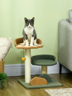 PawHut Albero Tiragraffi per Gatti con 2 Piattaforme Lettini, Pallina Appesa e Rivestimento in Velluto, 43x39x52cm, Multicolore