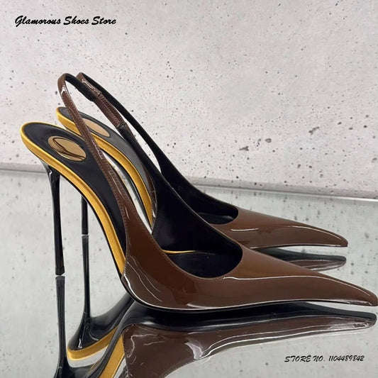 Elegant Patchwork Satin Slingback Pumps Women's Pointed Toe Thin Heels Party Shoes Summer Fashion Slip On Evening Stilettos