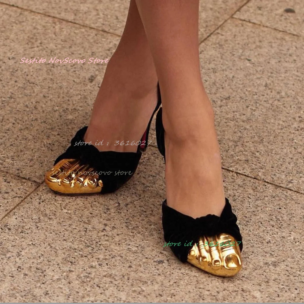 Gold Finger Unique Sandals High Heels Black Suede Twist Bow Sexy Women Summer Dress Party Cool Pumps Cover Heel Runway Shoes