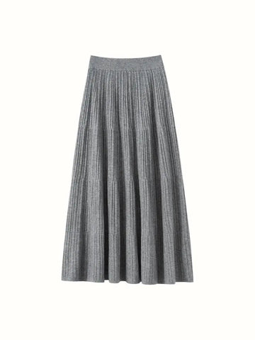Autumn Winter Women Tiered Skirt Cashmere A-line Pleated Skirt Elastic Waist 100% Cashmere Knitted High Quality Soft Solid Dress PlatiNum