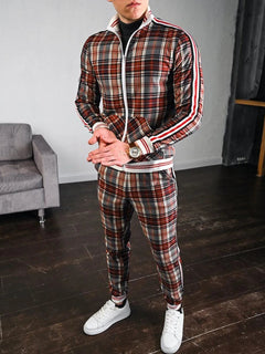 2025 Men Tracksuit 2pc Set Gym Hiking Plaid Zipper Hoodie Cargo Pants Autumn Athleisure Outfit Fleec