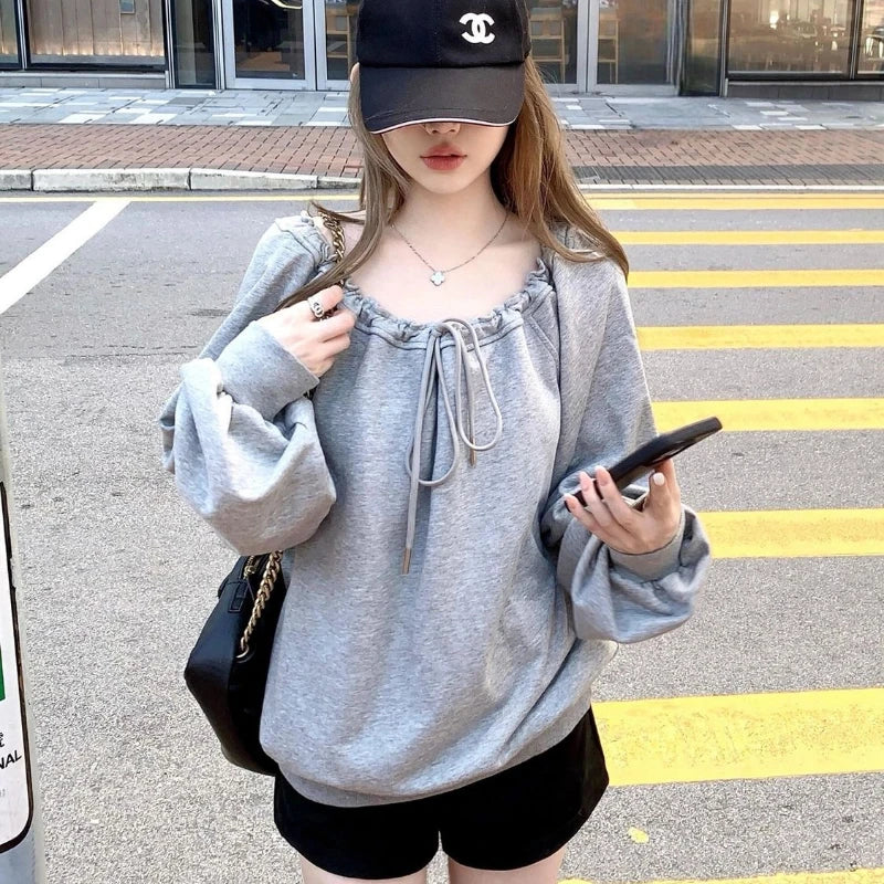 Bandage Pleated Solid Lazy Style Hoodies Sweatshirts Spring Autumn Long Sleeve Loose Fashion Tops Korean Casual Women Clothing
