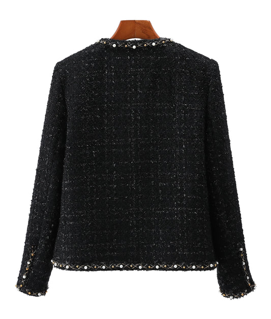 2025 new fashion round neck elegant light luxury celebrity high-end heavy industry beading temperament design tweed jacket