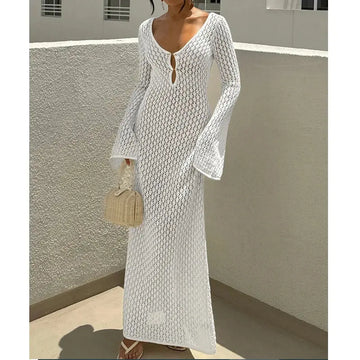 Nuovo stile lavorato a maglia scava fuori scollo a V abito a maniche lunghe da donna vacanza al mare bikini senza schienale copricostume protezione solare abito lungo platinumshop