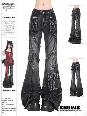 Jeans larghi cargo gotici neri da donna Y2K American High Street 2000S Harajuku Estetica Vintage Jeans Pantaloni Pantaloni Abbigliamento