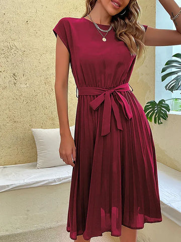 Elegante donna estate Casual spiaggia prendisole manica corta pieghettato vestito Midi Soild colore O collo tunica abiti moda