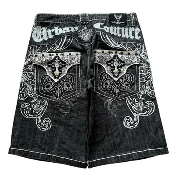 American Vintage Popular New Pattern Embroidery Baggy Denim Shorts Men Street Fashion Gothic Casual Joker Shorts Women Clothing PlatiNum