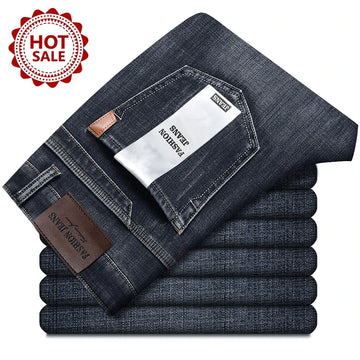 Autumn Winter Men's Jeans Classic Retro Grey Denim Pants Man Work Slim Straight Stretch Cotton Trousers Streetwear Plus Size 40