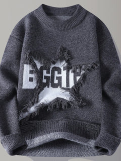 Edgy Star Fringe Knit Sweater – Distressed Lettering Crewneck for Men