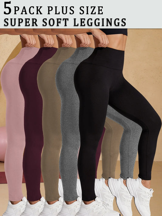 5 Pack Plus Size Super Soft Leggings for Women, High Waisted Tummy Control No See Through Workout Yoga Running Pants Leggings