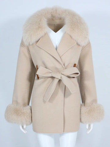OFTBUY Real Fur Coat Winter Jacket Women Natural Fox Fur Collar Cuffs Belt Cashmere Wool Woolen Ladies Outerwear Streetwear